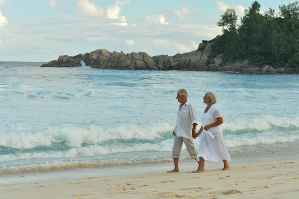 Happy elderly couple walking  on tropical  beach  - Photo, Image