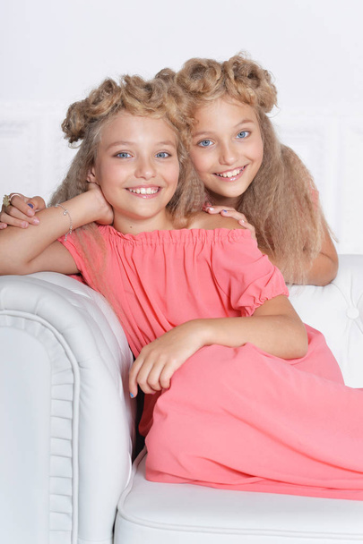 two adorable twin sisters in beautiful pink dresses with modern hairstyles posing at home  - Фото, зображення