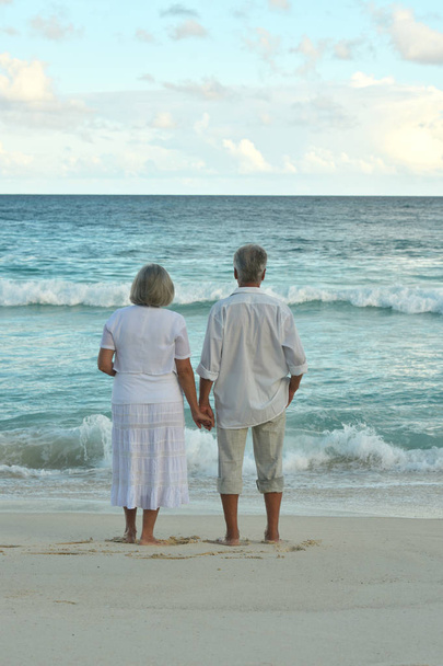 Happy elderly couple resting on tropical  beach  - Fotografie, Obrázek