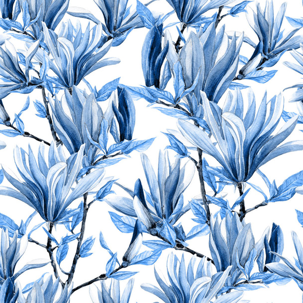 水彩で描かれたモクレンの花のシームレス パターン. - 写真・画像