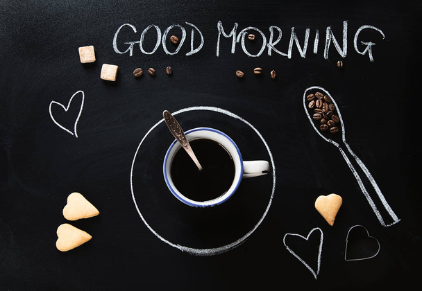 Coffee cup on chalkboard. Good Morning Coffee Concept. Top view - Фото, зображення
