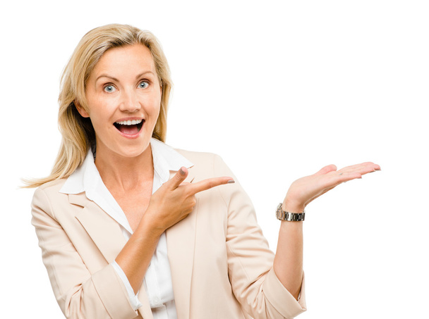 Mature business woman pointing empty copy space smiling isolated - Foto, imagen