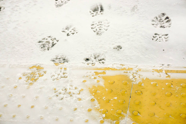 Kép a hó és az ices textúra a cipő és a cipők talpát borított padló és sárga braille kód tégla padlók háttér. - Fotó, kép