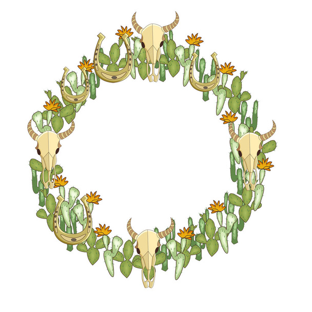 Tema Wild west. Corona vectorial. Cactus, cráneo de búfalo, sho caballo
 - Vector, imagen