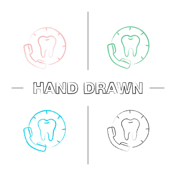 Making appointment with dentist hand drawn icons set. Calling to dental clinic. Color brush stroke. Isolated vector sketchy illustrations - Vector, Image