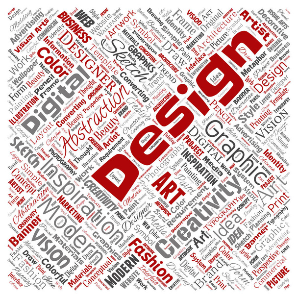 Vektor konzeptuelle Kreativität Kunst grafische Identität Design visuelle quadratische rote Wort Wolke isolierten Hintergrund. Collage aus Werbung, Dekoration, Mode, Inspiration, Vision, Perspektivmodellierung - Vektor, Bild