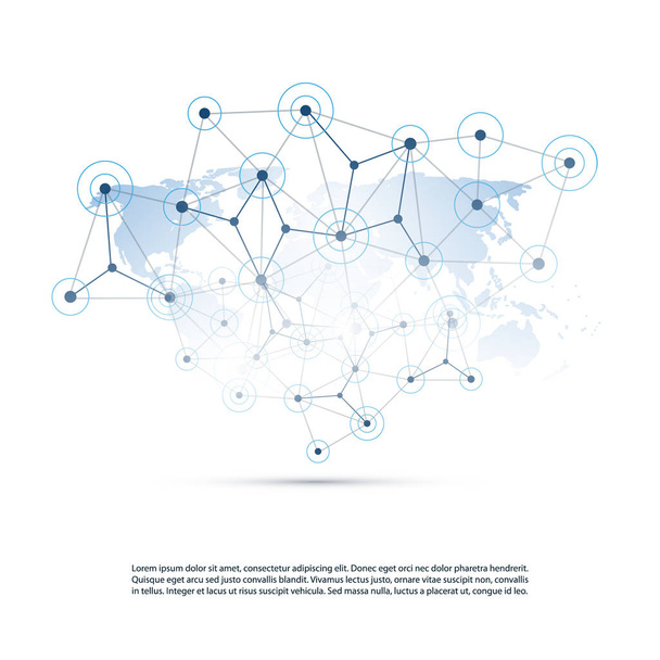 Cloud Computing, Netzwerkstruktur, Konzeption von Telekommunikationskonzepten, weltweite Netzwerkverbindungen mit Weltkarte und transparentem geometrischen Netz - Vektor, Bild