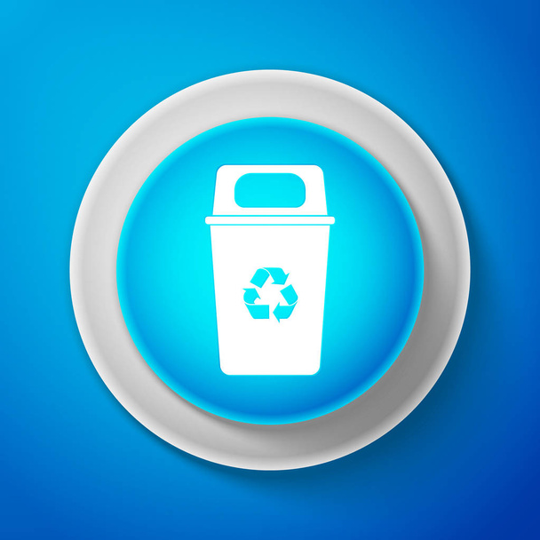 Cubo de reciclaje blanco con icono de símbolo de reciclaje aislado sobre fondo azul. Icono de bote de basura. Botón azul círculo con línea blanca. Ilustración vectorial
 - Vector, Imagen