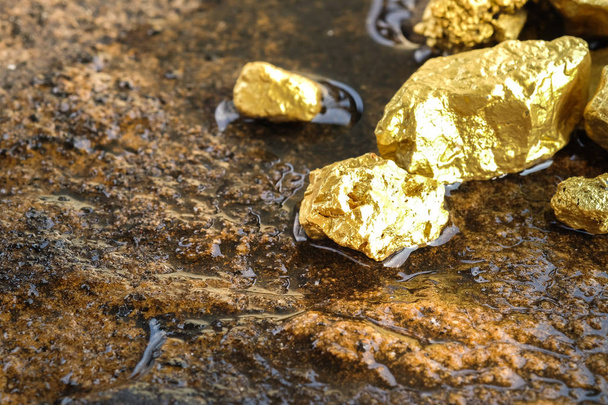 The pure gold ore found in the mine on a stone floor - 写真・画像