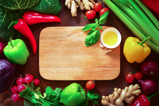Healthy vegetarian cooking concept, flat lay arrangement with a  - Photo, Image