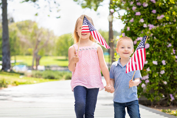Nuori sisar ja veli heiluttavat Amerikan lippuja puistossa
 - Valokuva, kuva