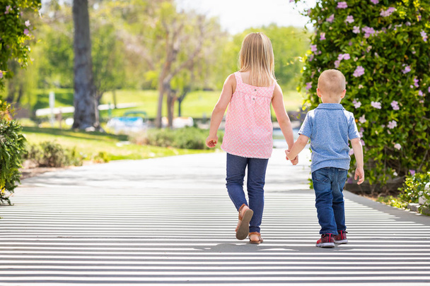 Jeune sœur et frère tenant la main et marchant au parc
 - Photo, image