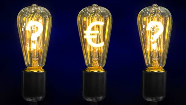 Symbol waluty euro wewnątrz lampy retro wraz z znaki zapytania. - Materiał filmowy, wideo
