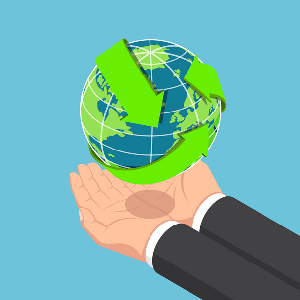 Isometric businessman hands holding The World with recycle arrow - Vector, Image