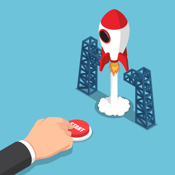 Isometric businessman hand presses start button to launches a sp - Vector, Image