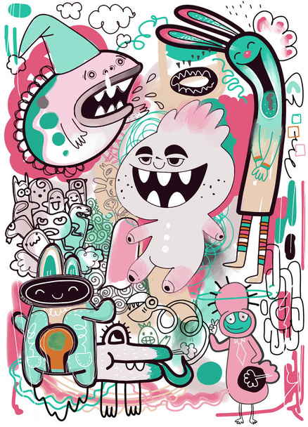 Vektorové ilustrace Doodle roztomilý Monster pozadí, ruční kreslení - Vektor, obrázek