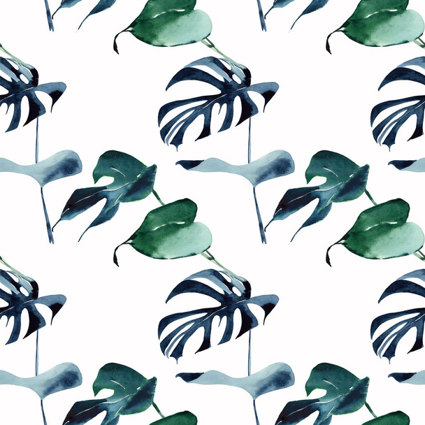 Beautiful bright tropical cute lovely wonderful hawaii floral herbal beach summer green blue violet pattern of a palms watercolor hand illustration. Perfect for textile, wallpapers, cards - Photo, image