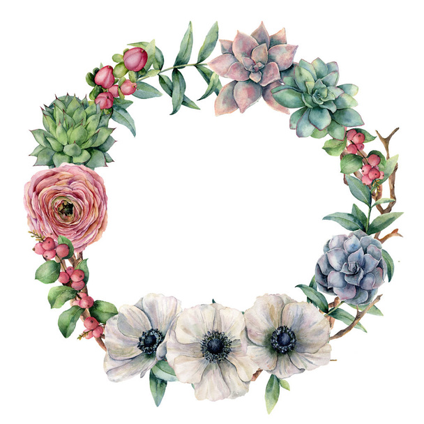 Watercolor floral and berries exotic wreath. Hand painted ranunculus, anemone, succulent, red berry and eucalyptus leaves on white background. Illustration for design, print, fabric or background. - 写真・画像