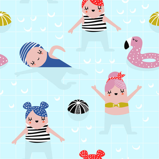 Summer Childish Seamless Pattern with Cute Girls - Vector, Image