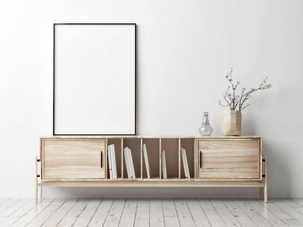 Mock up poster with wooden TV stands, 3d render, 3d illustration - Photo, Image