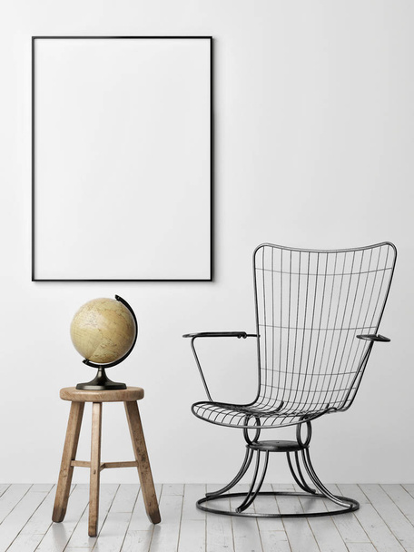 Poster on the wall, metal armchair and old globe, 3d render, 3d illustration - Foto, Imagen