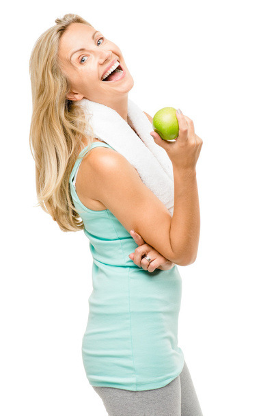 Healthy mature woman exercise green apple isolated on white background - Valokuva, kuva