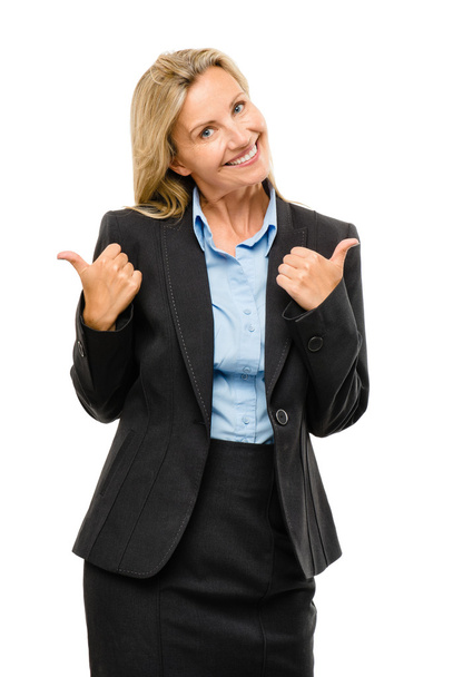 Happy mature business woman thumbs up isolated on white backgrou - Photo, image