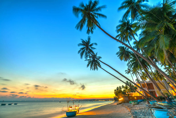 Západ slunce na pláži s nakloněné kokosovými palmami, dlouhé písečné pláže a krásné zlaté nebe a romantický víkend letoviska. - Fotografie, Obrázek
