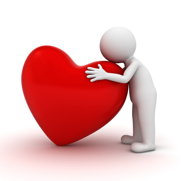 3D άνθρωπος αγκάλιασμα κόκκινη καρδιά πάνω από το λευκό φόντο - Φωτογραφία, εικόνα