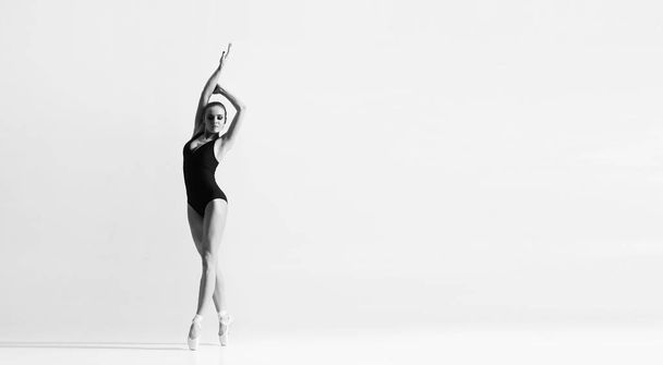 Graceful ballerina dancing in art performance. Young and beautiful ballet dancer in black and white. - Valokuva, kuva