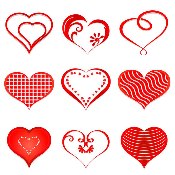Set of red vector hearts isolated on white background. - Vector, imagen
