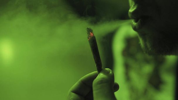 a young guy smoking a rolled jointer with weed buds inside in the green light close-up. - Photo, Image