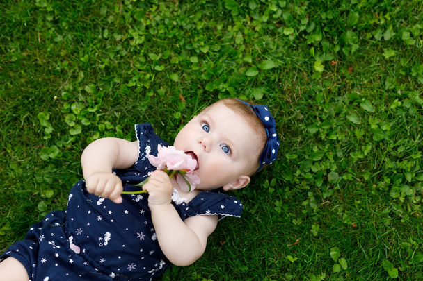 Imádnivaló baba lány a fű, szamóca hat lepkék - Fotó, kép