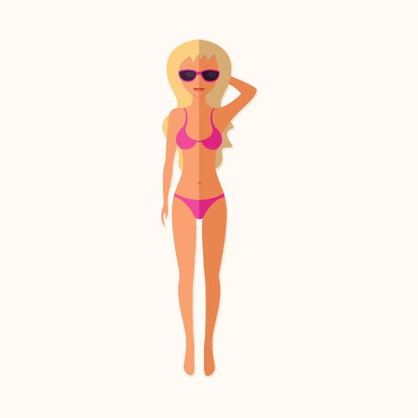 Красивая сексуальная девушка в пляжном купальнике. Стройная и стройная блондинка в бикини. Векторная плоская иллюстрация для дизайна на изолированном фоне
 - Вектор,изображение