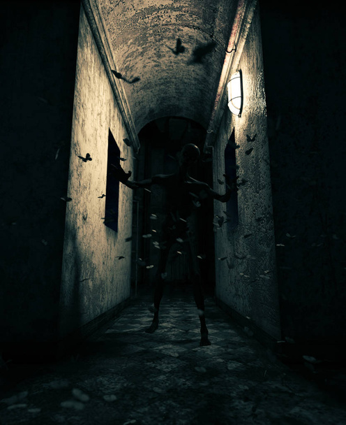 τρισδιάστατη απεικόνιση του ένα τέρας στο στοιχειωμένο σπίτι  - Φωτογραφία, εικόνα