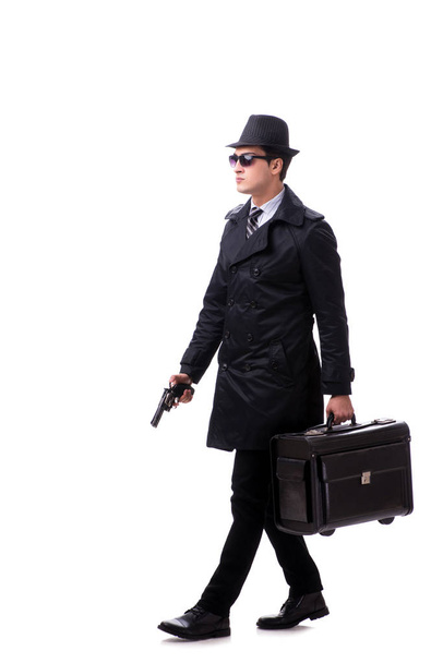 Man spy with handgun isolated on white background - Photo, Image