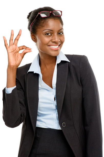 Happy African American business woman okay sign isolated on whit - Foto, afbeelding