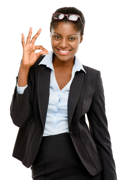 Happy African American business woman okay sign isolated on whit - Photo, image