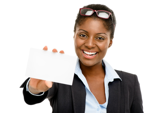 Happy African American business woman holding placard isolated o - Фото, зображення