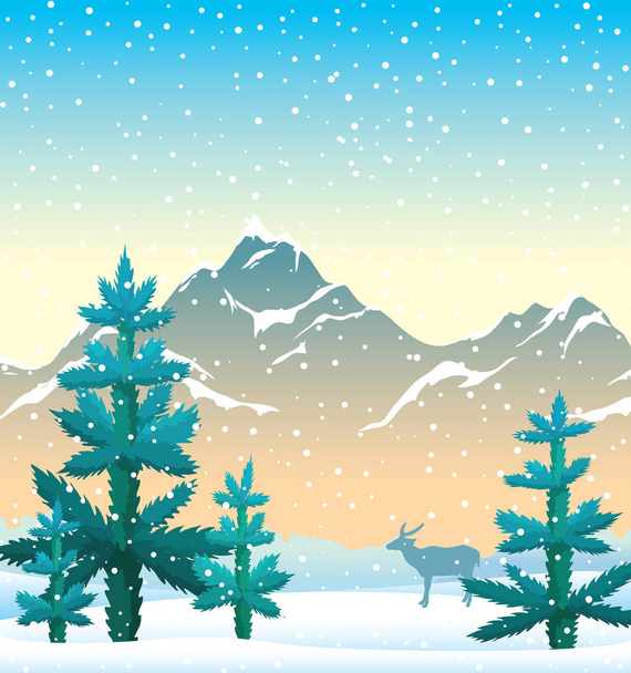 Зимова природа іландшафт - ялиця, гори, олені, сніг
. - Вектор, зображення