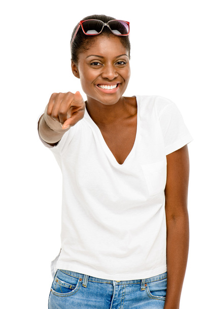 Happy African American woman pointing at you isolated on white - Photo, Image