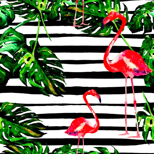 Summer Beach Background. Watercolor Seamless Pattern. Hand Painted Tropic Summer Motif with Hawaiian trees. - Fotografie, Obrázek