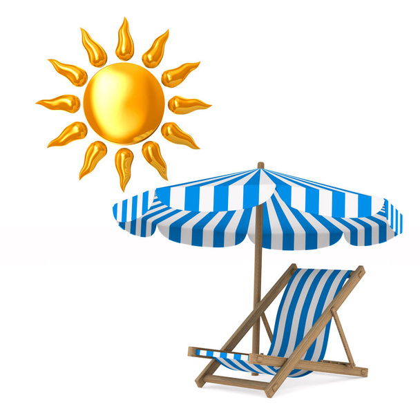 Deckchair and parasol and sun on white background. Isolated 3D i - Foto, Imagen