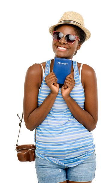 Happy African American woman tourist holding passport isolated on white background - Fotoğraf, Görsel