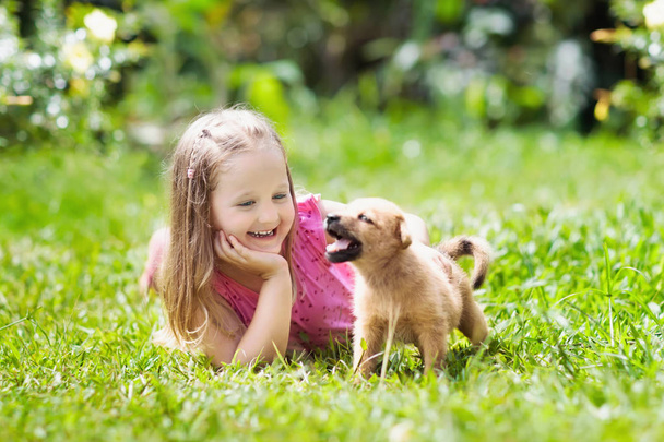 Los niños juegan con el cachorro. Niños y perros en el jardín
. - Foto, imagen