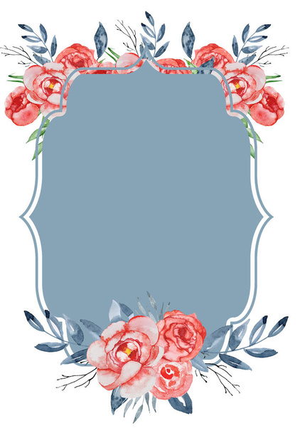 Watercolor crest Romantic frame with flowers Card template. - Fotoğraf, Görsel