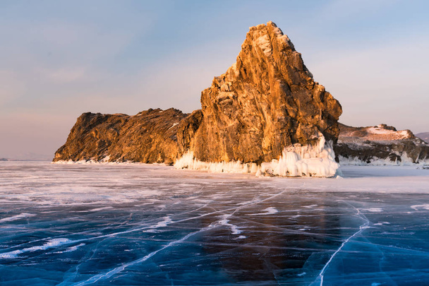Baikal frozen water lake, Siberia Russia winter season natural landscape background - Photo, Image