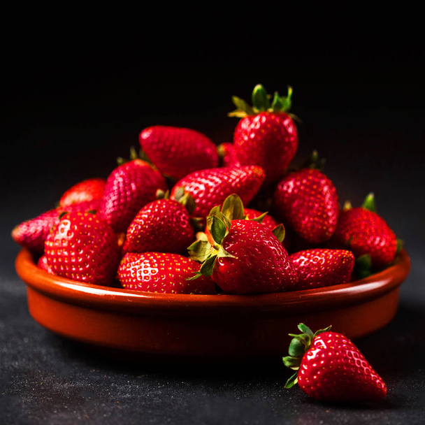 Heap of fresh strawberry on black background - 写真・画像