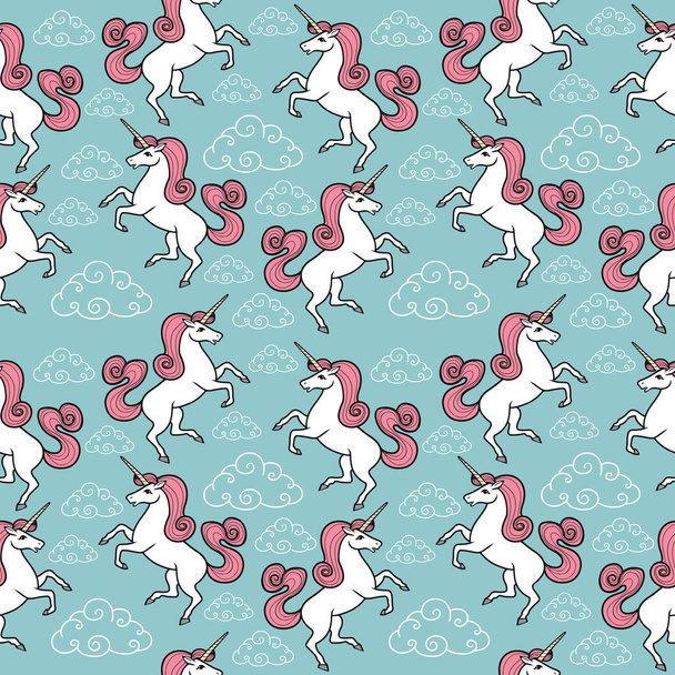 Cartoon seamless pattern. Unicorn with rainbow and clouds. For designed print. - Vektor, kép