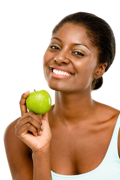 Healthy African American woman holding fresh green apple isolate - Zdjęcie, obraz
